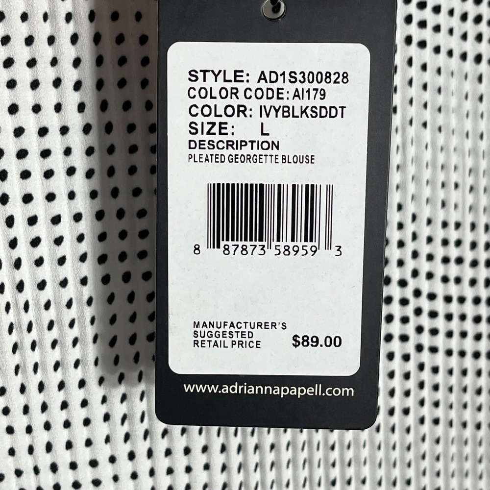 Adrianna Papell Women Pleated Georgette Blouse Polka Dot White Black L NWT - Picture 8 of 10